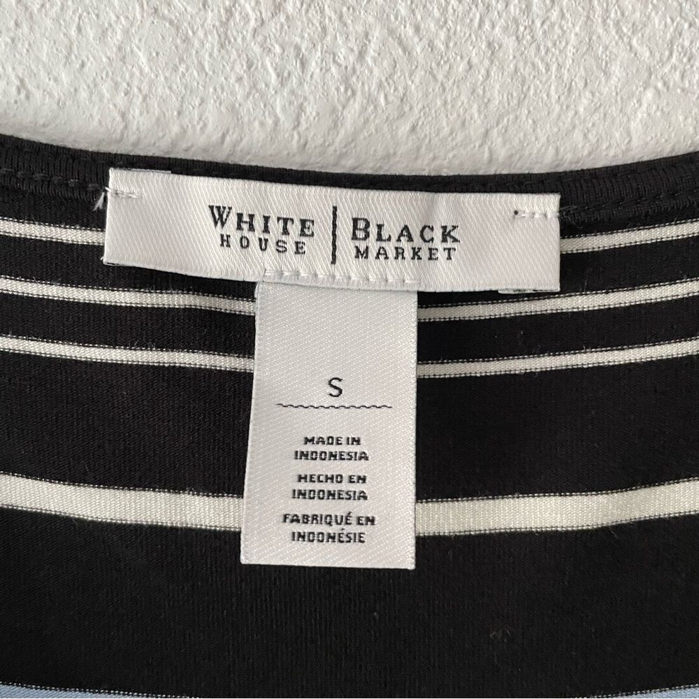 WHBM Navy Blue, white, light blue short Sleeve striped shimmery Maxy Dress Sz: S - Picture 5 of 10